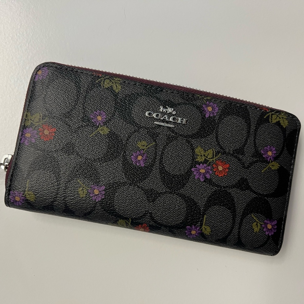 Coach Black Wallet with Purple and Red Floral Design